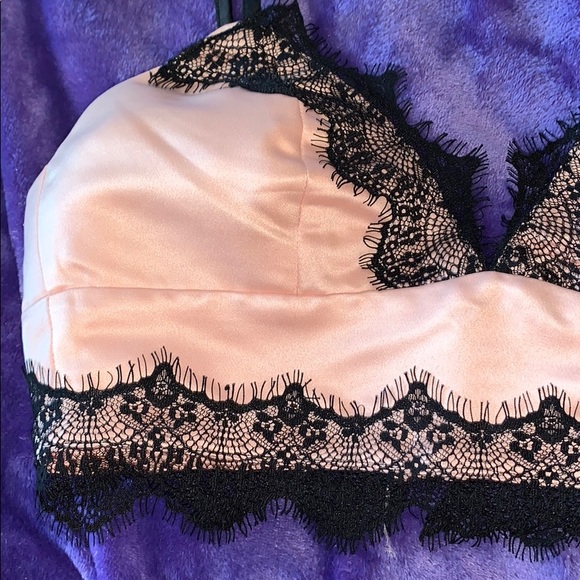 Missguided Pink Satin Black Lace Crop Top Bralette - Picture 5 of 7